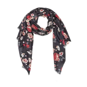 100% Australian Wool Print Scarf Black Floral