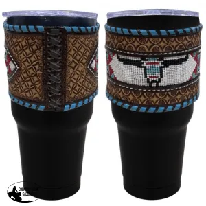 30 oz Insulated Black Tumbler with Argentina Cow Leather Beaded Cow on Sleeve.