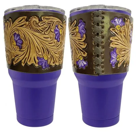 30 oz Insulated Purple Tumbler with Removable Leather Aztec Print Sleeve