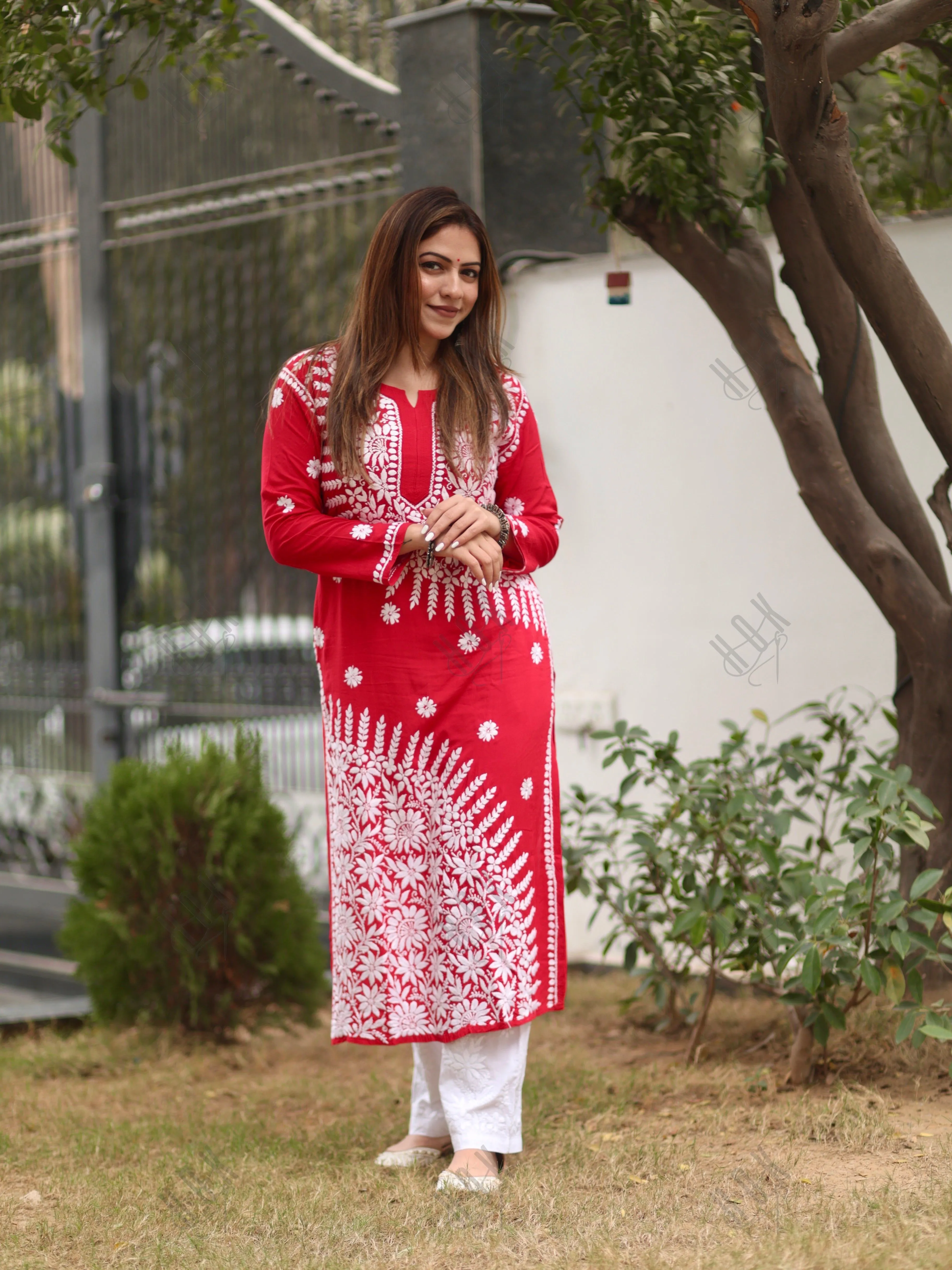 Aanchal Hans in Red Fizaa Chikankari Modal Cotton Kurta