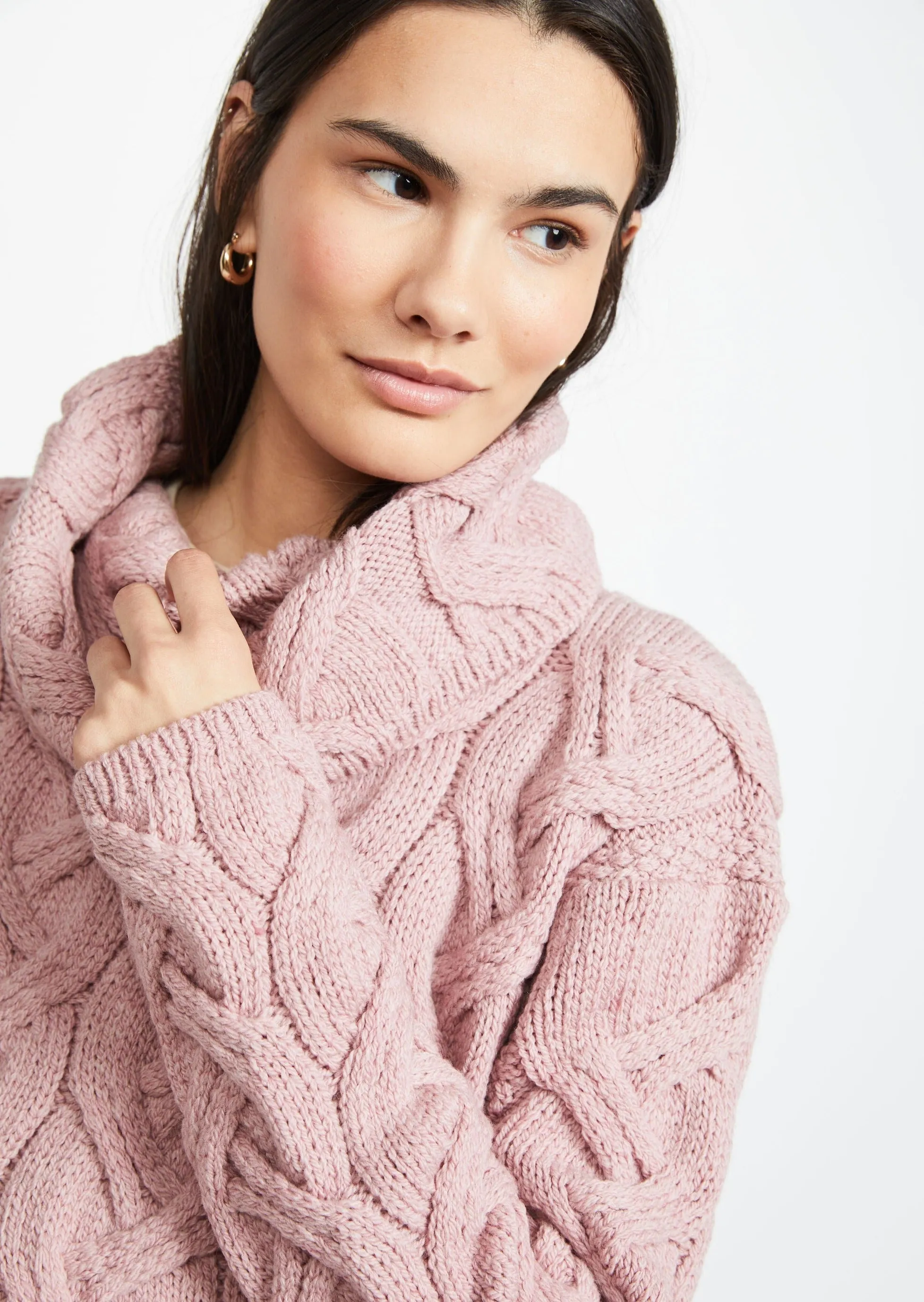 Aran Cowl Neck Chunky Sweater | Pink