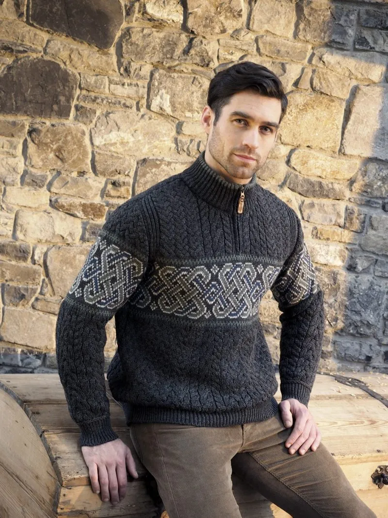 Aran Crafts Celtic Jacquard Zip Sweater | Charcoal