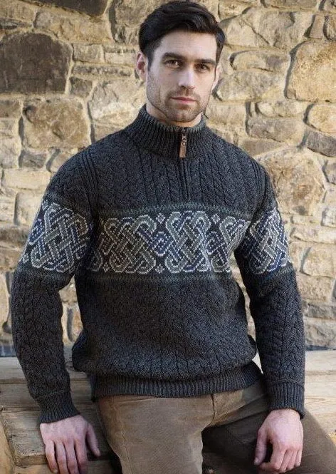 Aran Crafts Celtic Jacquard Zip Sweater | Charcoal