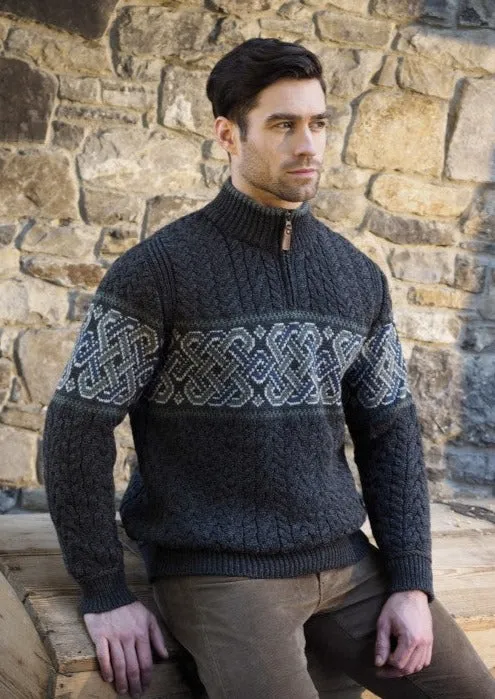 Aran Crafts Celtic Jacquard Zip Sweater | Charcoal