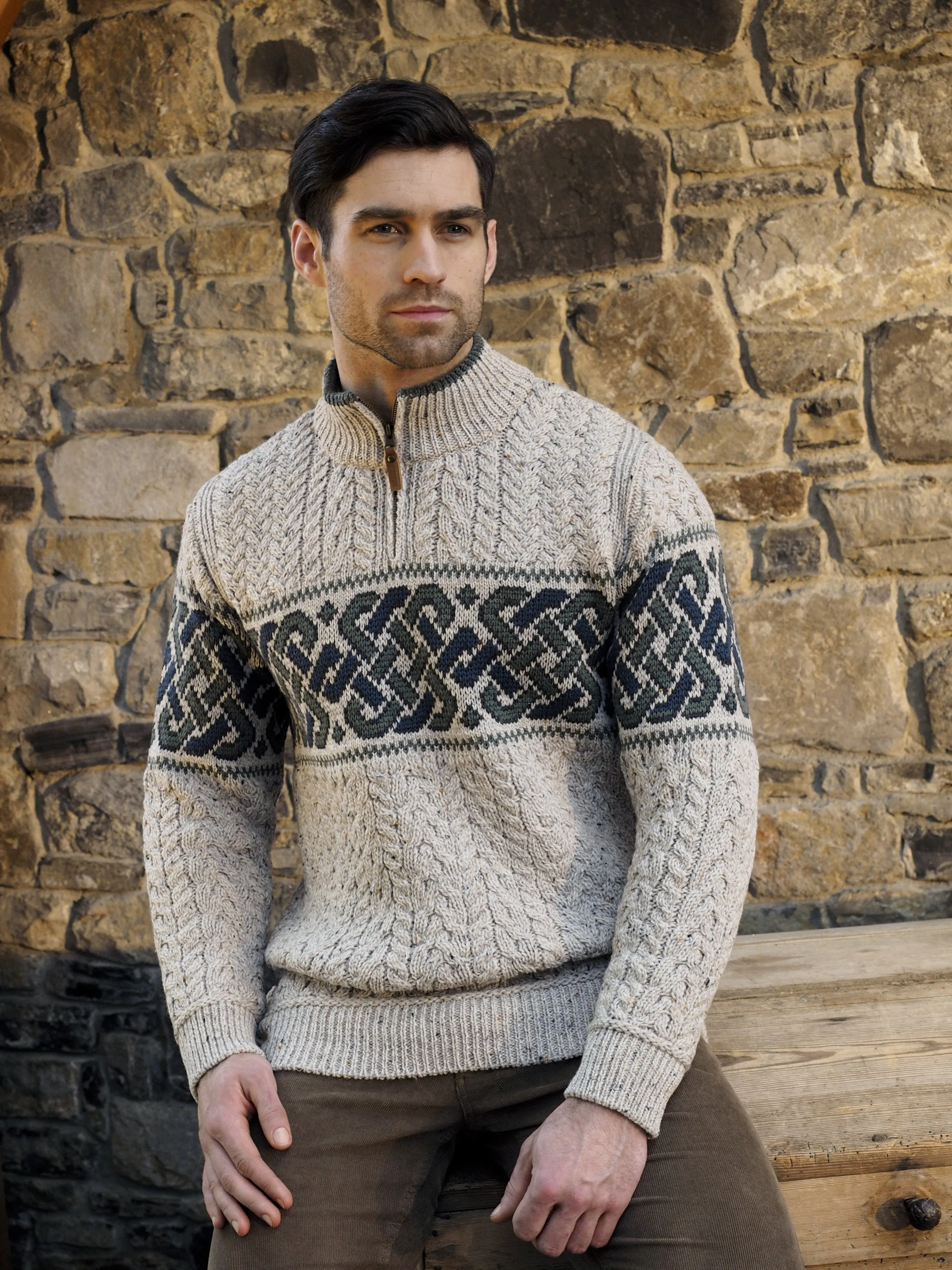 Aran Crafts Celtic Jacquard Zip Sweater | Oatmeal