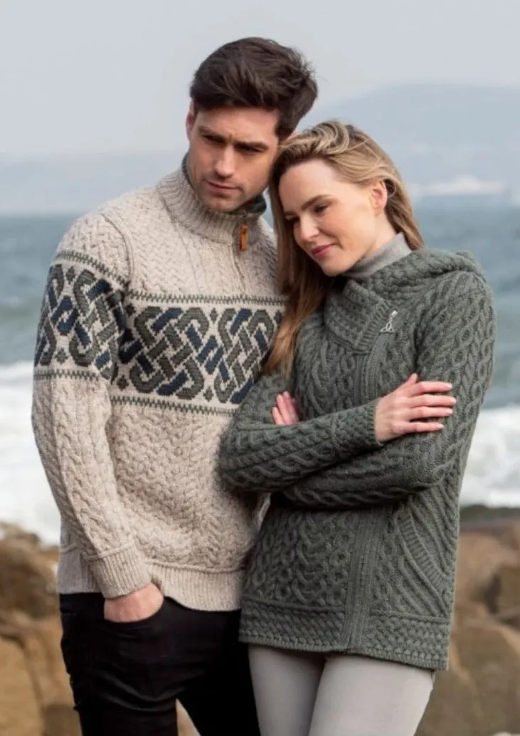 Aran Crafts Celtic Jacquard Zip Sweater | Oatmeal