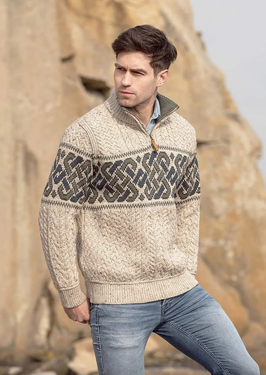 Aran Crafts Celtic Jacquard Zip Sweater | Oatmeal