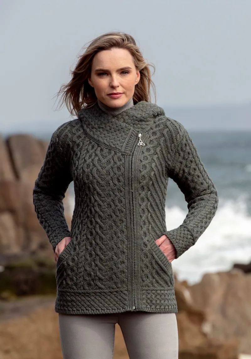 Aran Crafts Side Zip Hooded Cardigan | Green