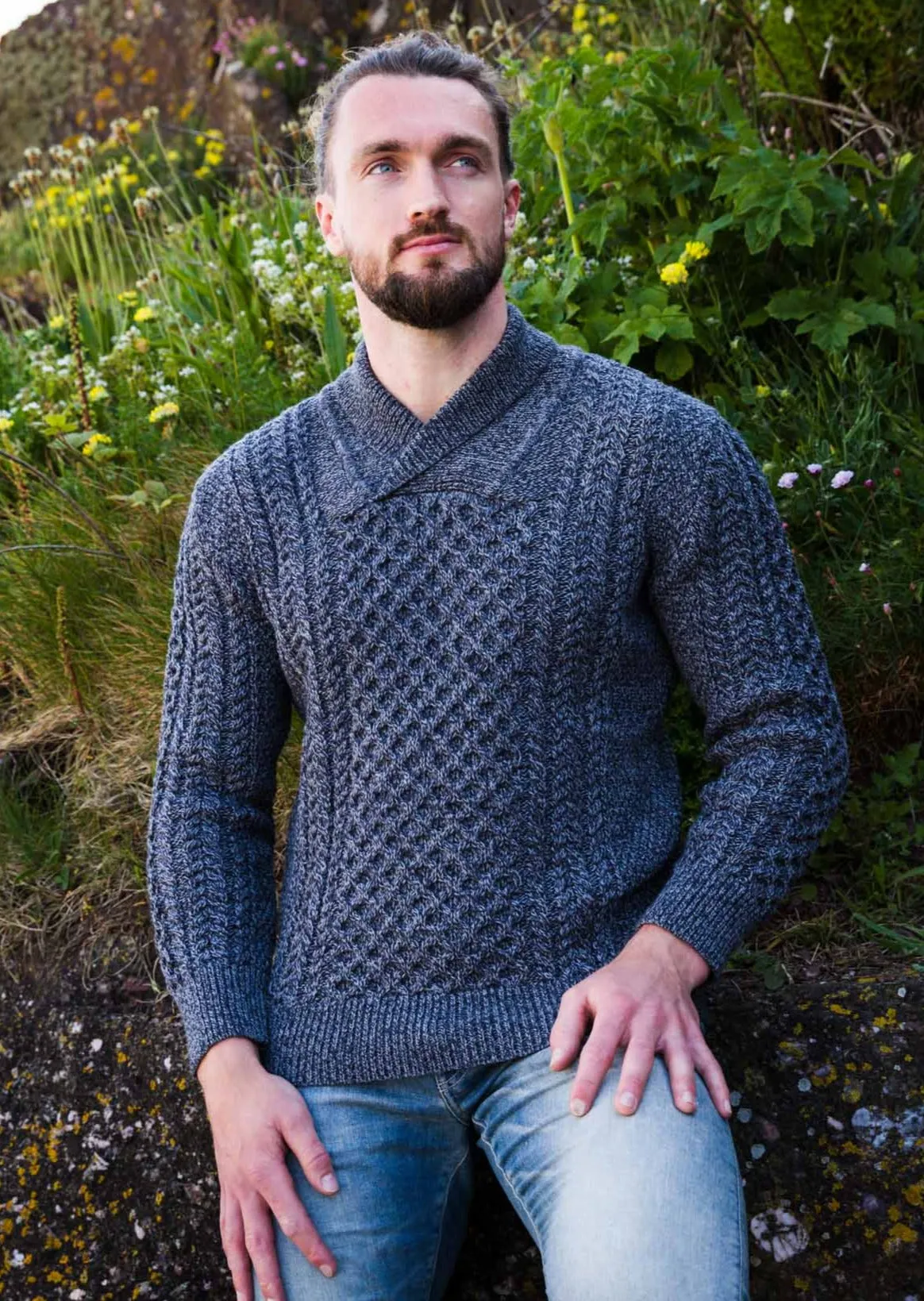 Aran Shawl Neck Sweater | Slate