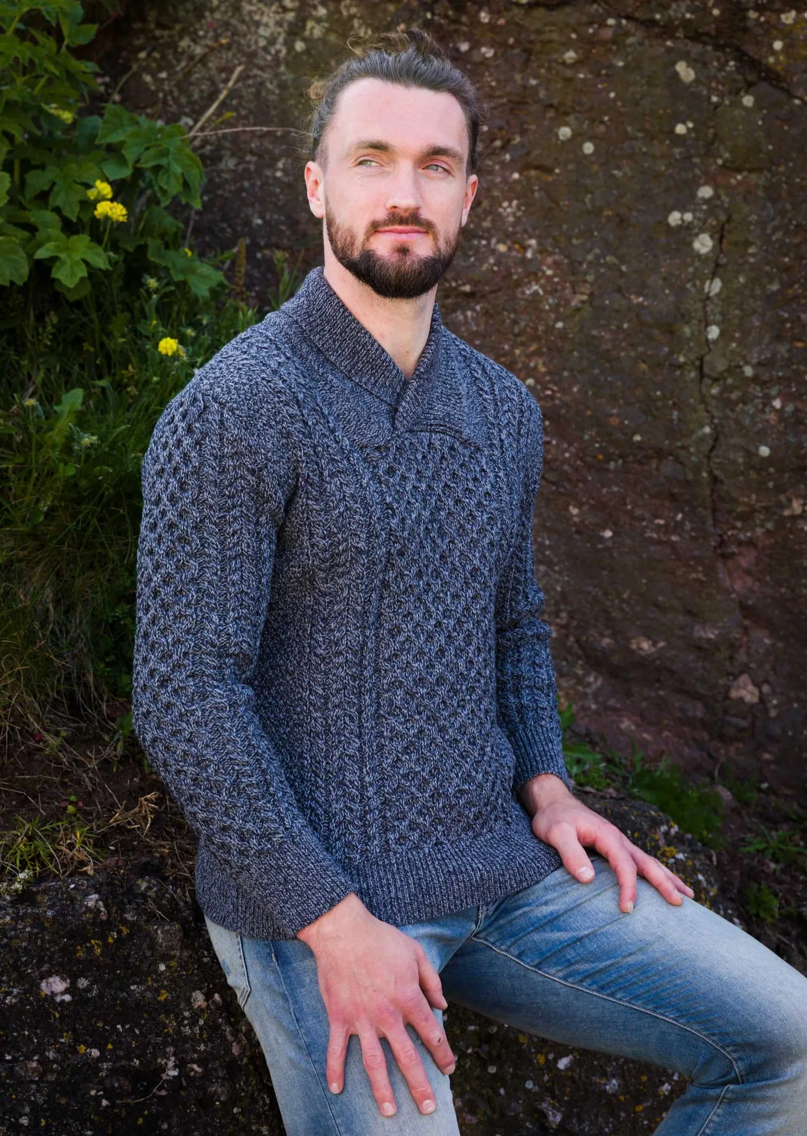 Aran Shawl Neck Sweater | Slate