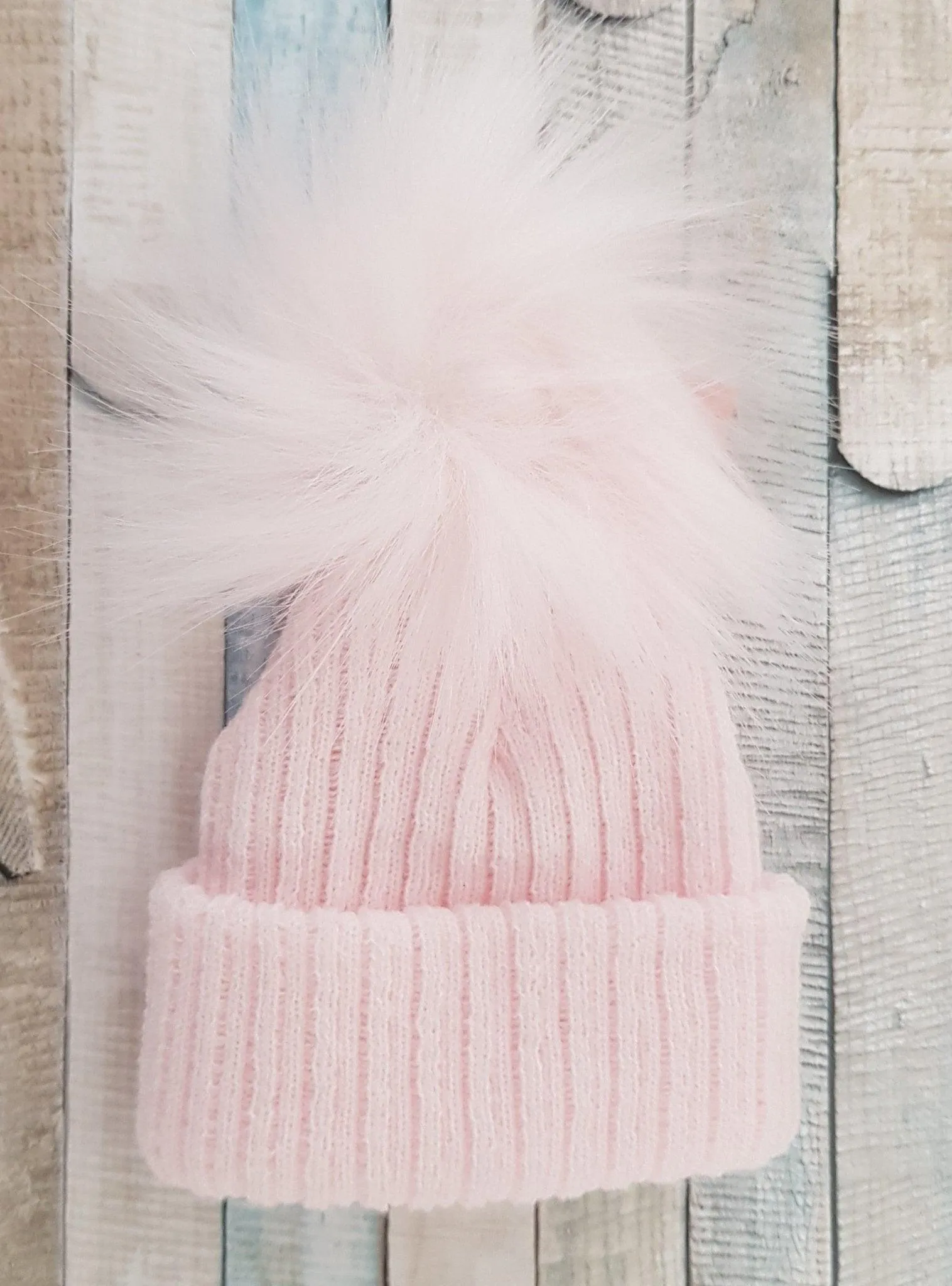 Baby Pink Knitted Single Pink Fluffy Faux Fur Pom Hat