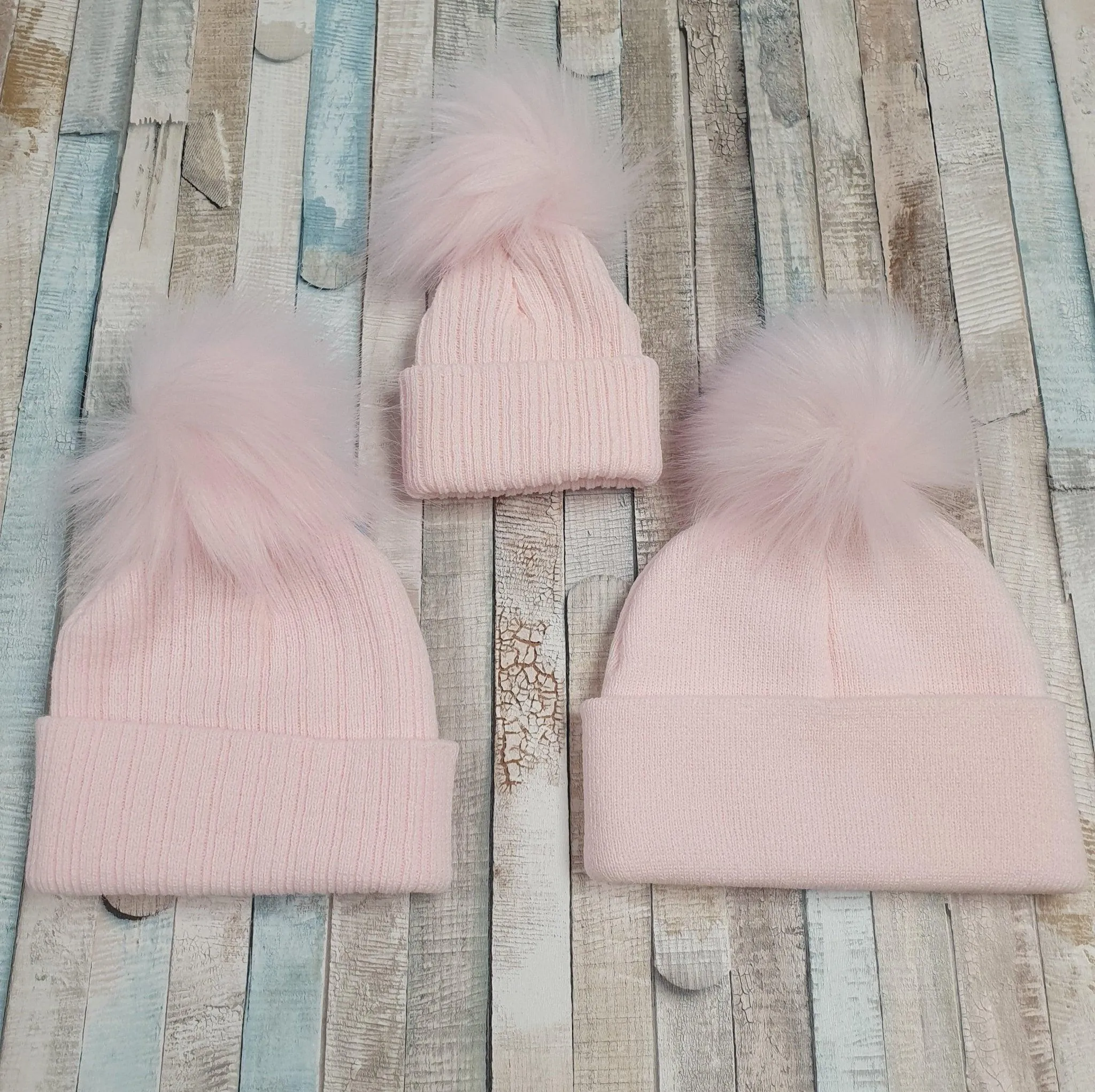 Baby Pink Knitted Single Pink Fluffy Faux Fur Pom Hat