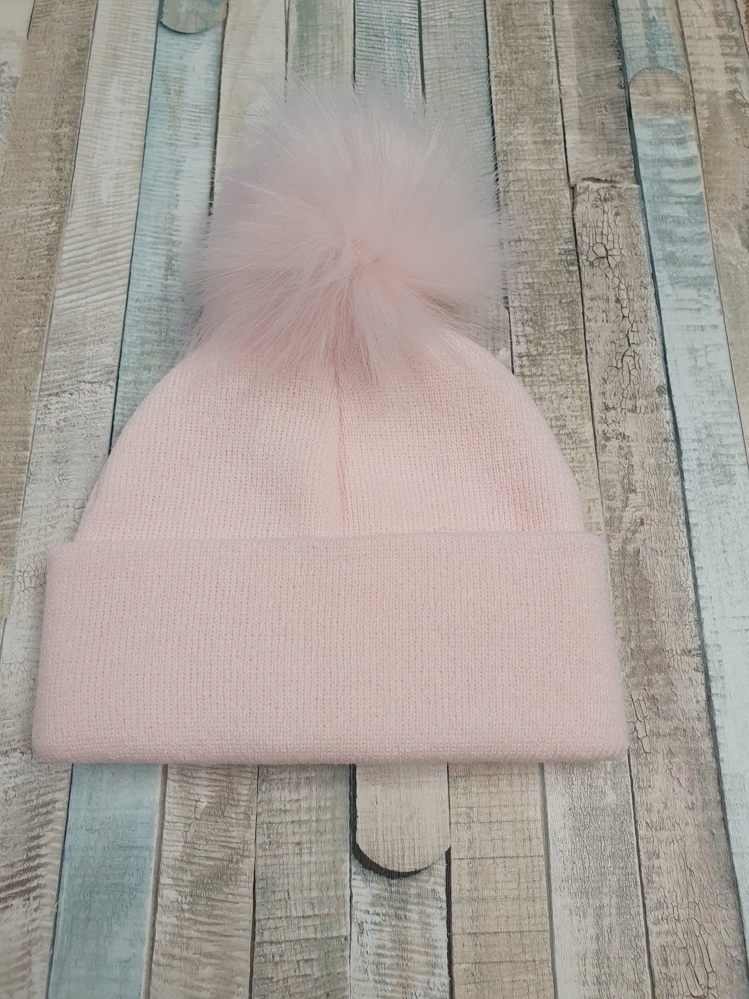 Baby Pink Knitted Single Pink Fluffy Faux Fur Pom Hat