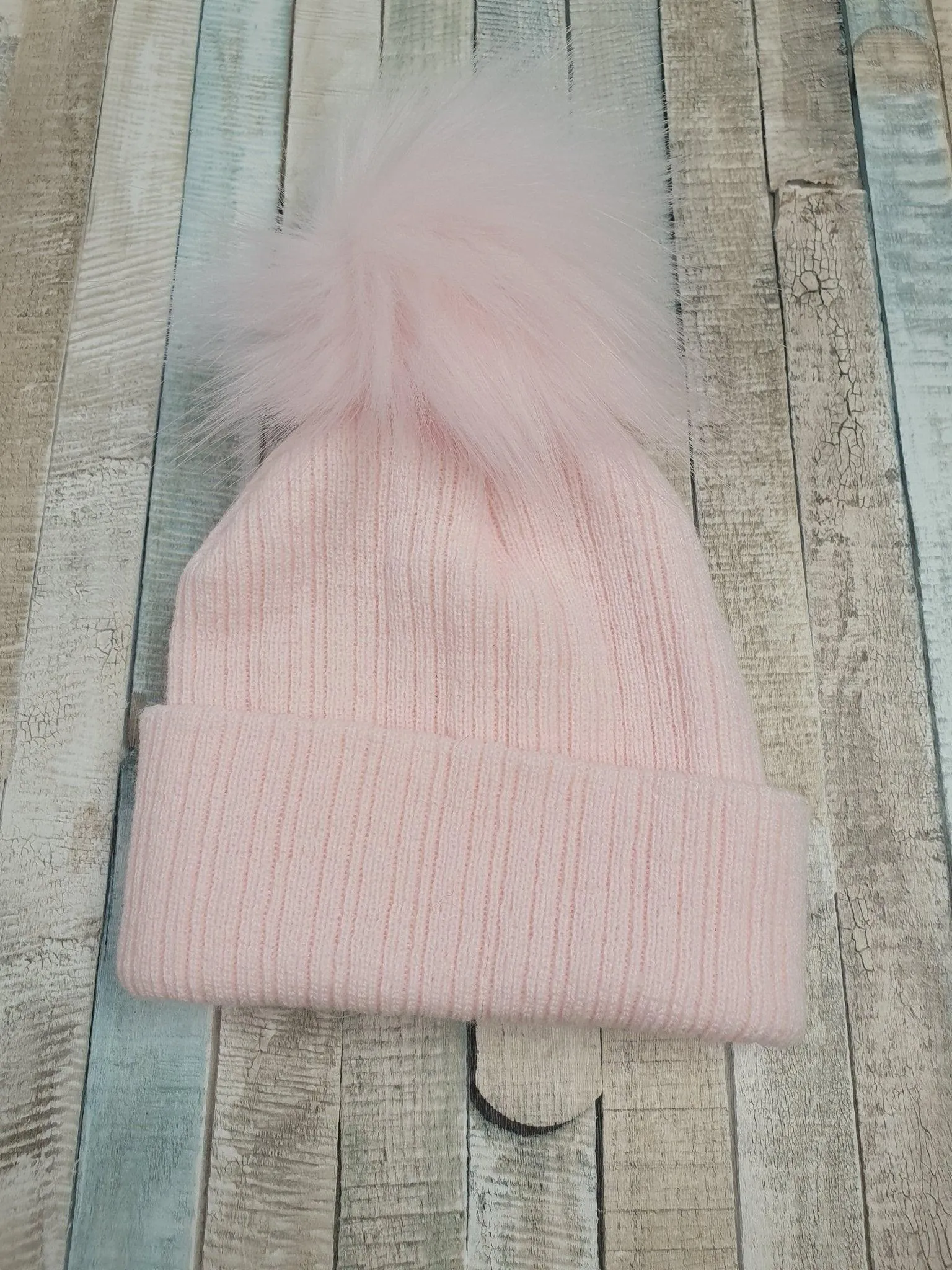 Baby Pink Knitted Single Pink Fluffy Faux Fur Pom Hat