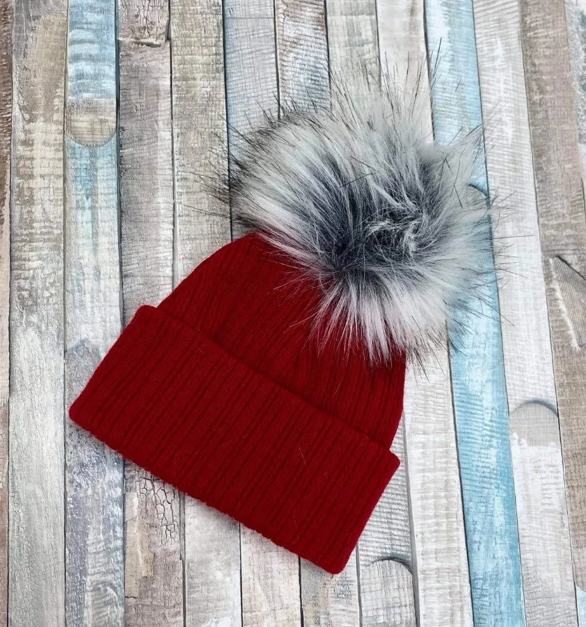 Baby Red Knitted Single Grey Fluffy Faux Fur Pom Hat