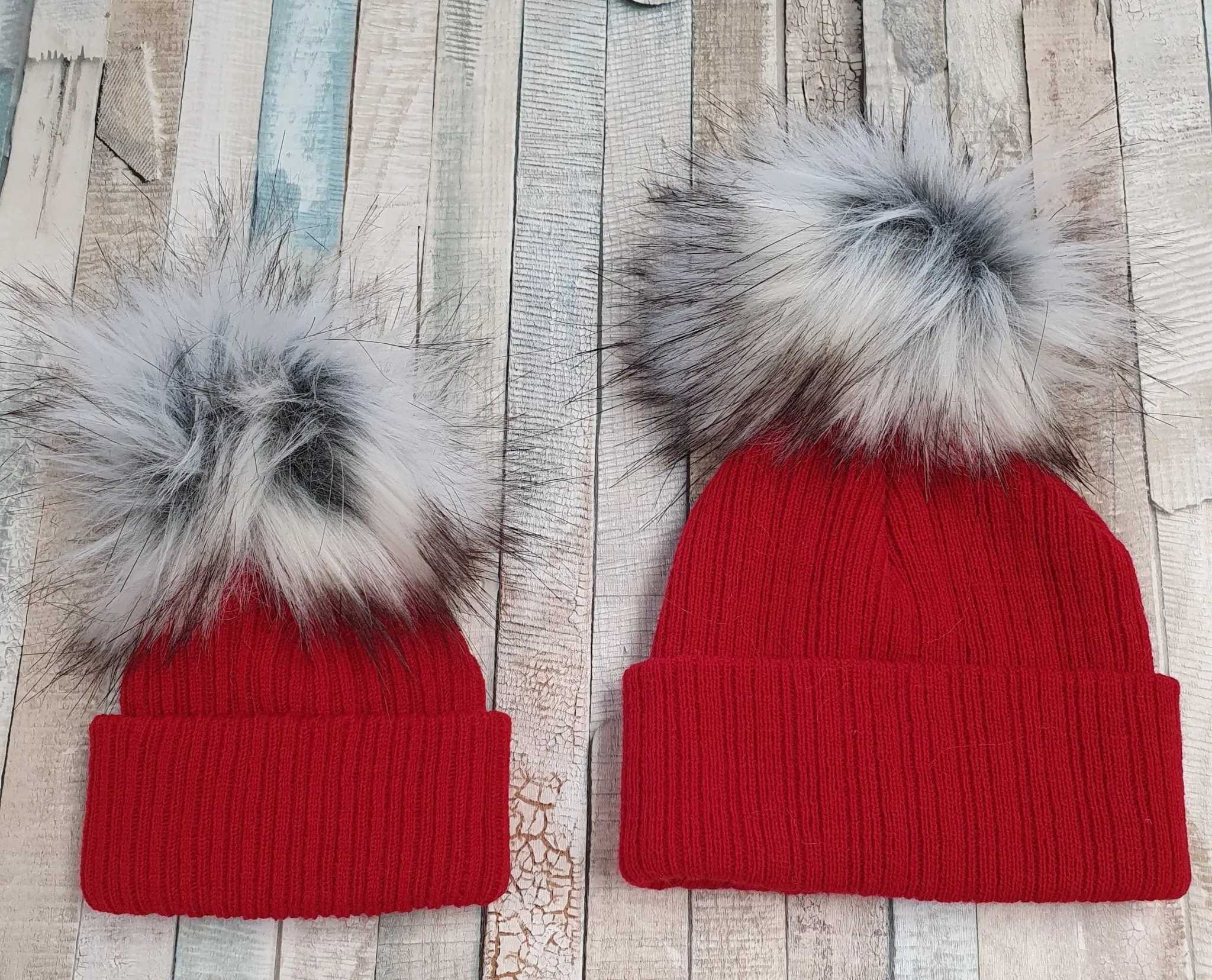 Baby Red Knitted Single Grey Fluffy Faux Fur Pom Hat