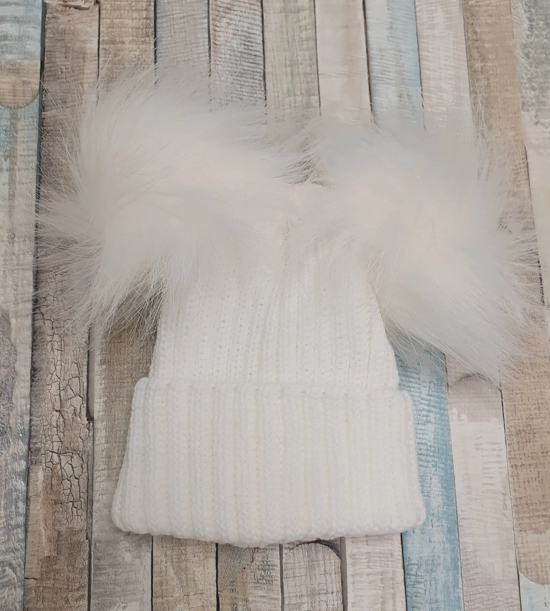 Baby Thick Knitted White Double Fluffy Faux Fur Pom Hat