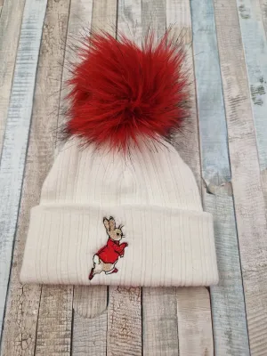 Baby White & Red Rabbit Hat With Fluffy Red Faux Fur Pom