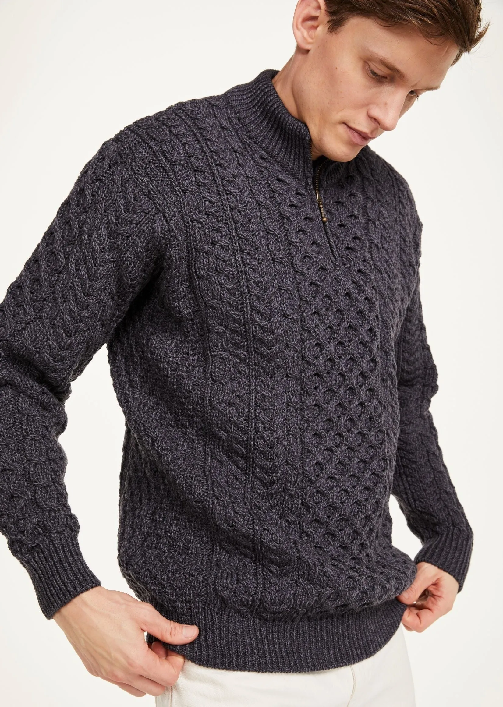 Ballycroy Mens Aran Half Zip Sweater | Charcoal