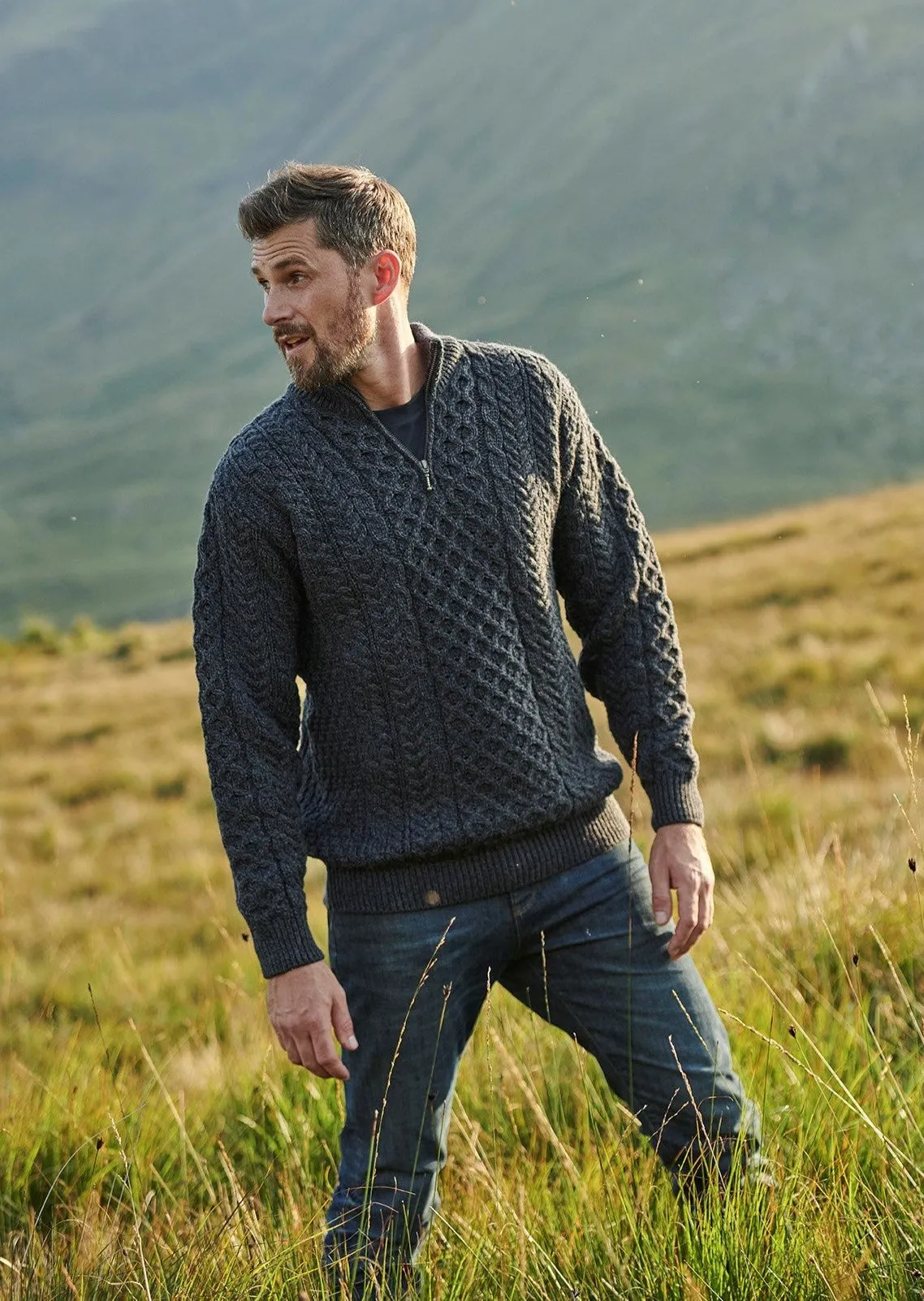 Ballycroy Mens Aran Half Zip Sweater | Charcoal