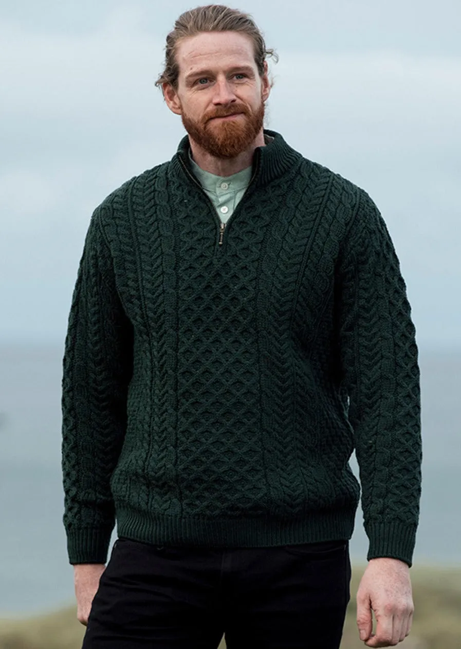 Ballycroy Mens Aran Half Zip Sweater | Green