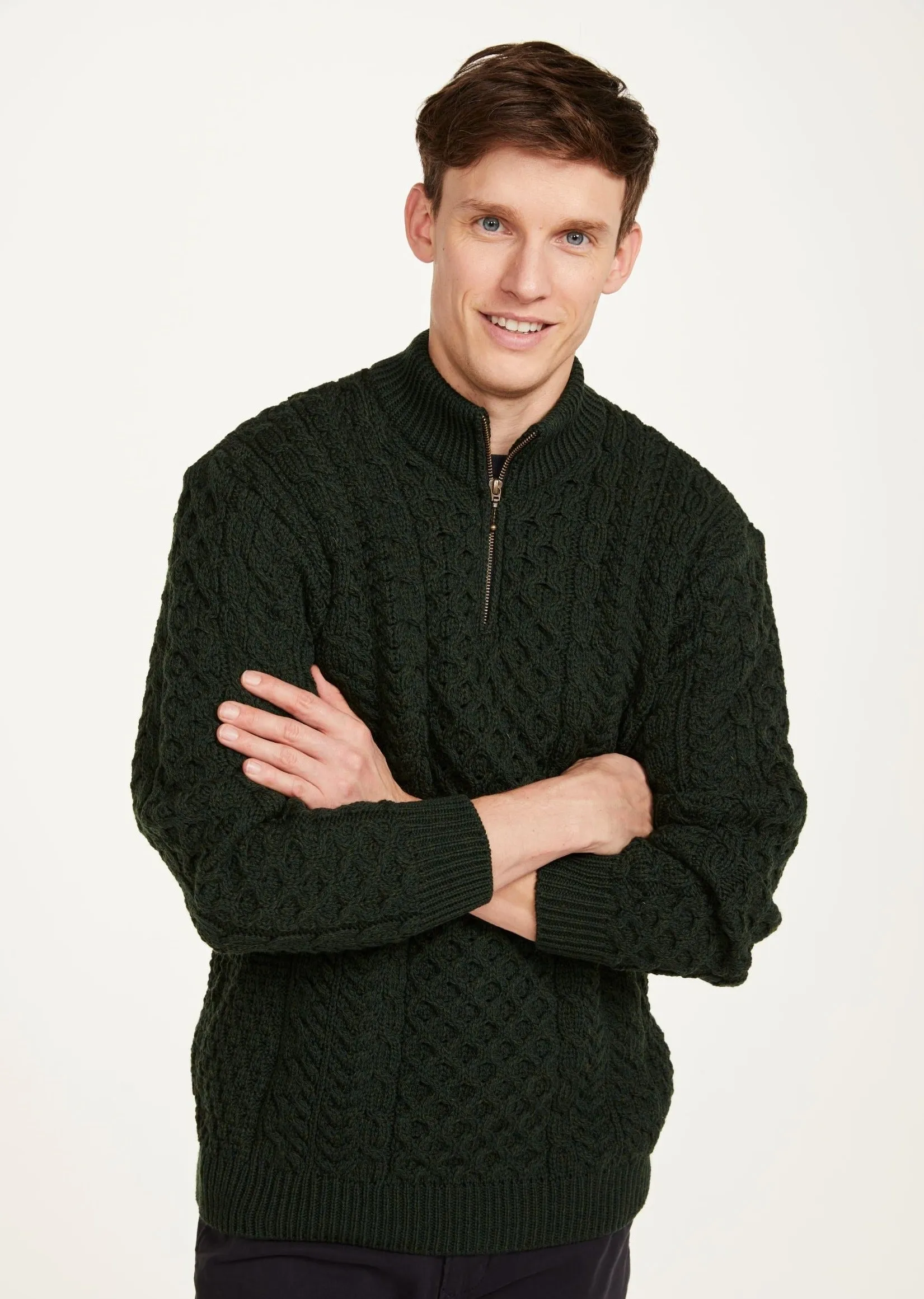 Ballycroy Mens Aran Half Zip Sweater | Green