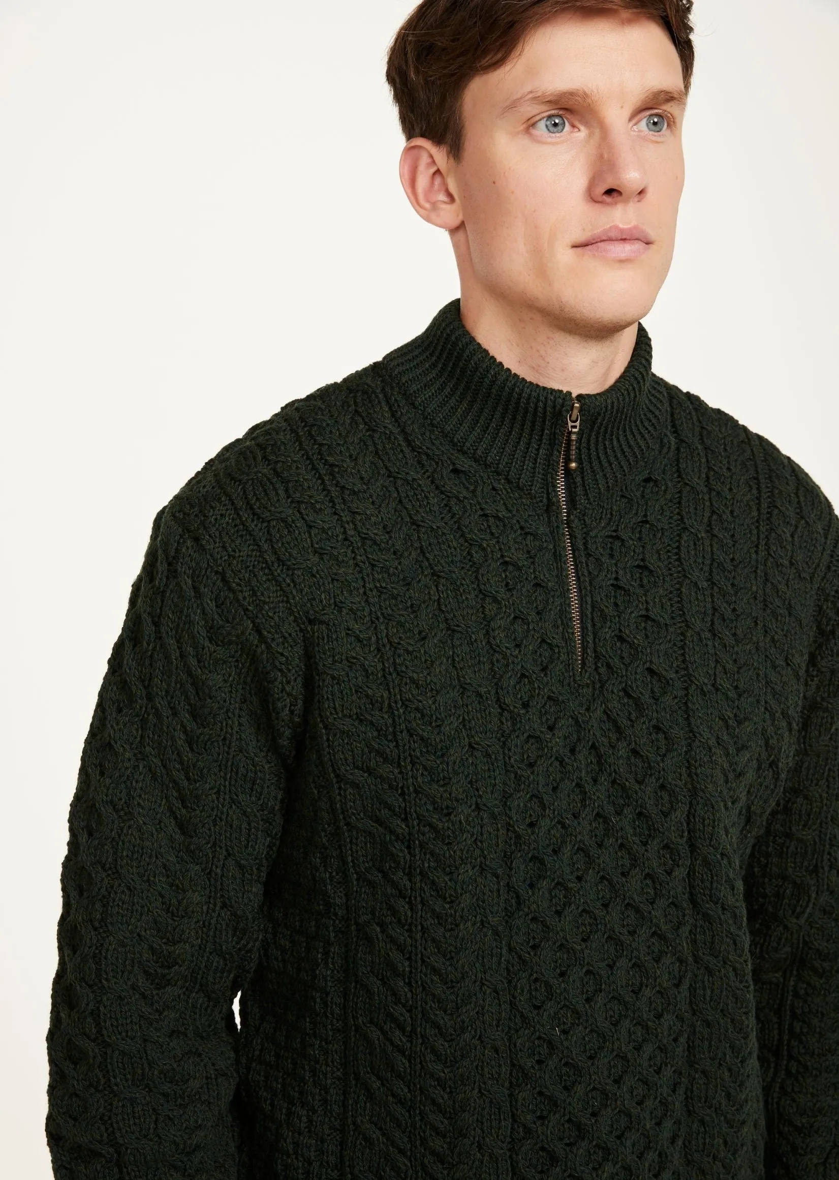 Ballycroy Mens Aran Half Zip Sweater | Green