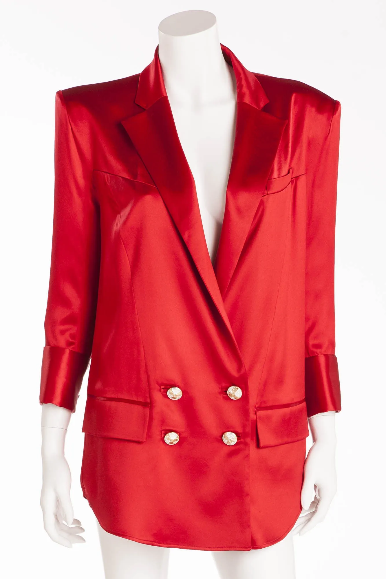 Balmain - New with Tags Red Silk Blazer with Gold Buttons - FR 40