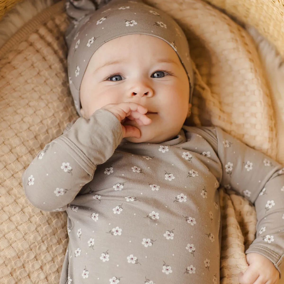 Bamboo Baby Gown and Hat Set in Blue Ditsy by Quincy Mae