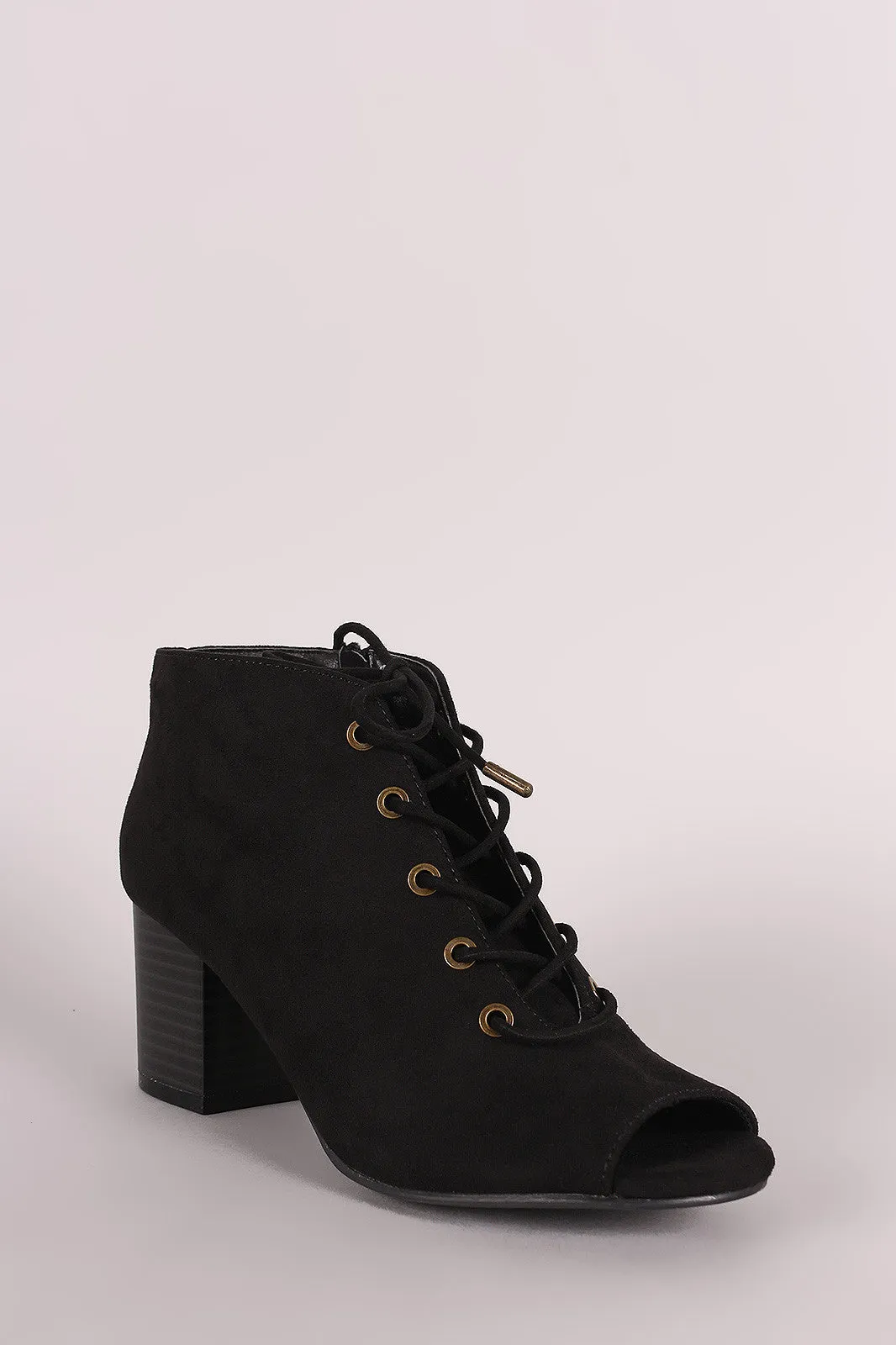 Bamboo Suede Peep Toe Lace-Up Chunky Heeled Booties