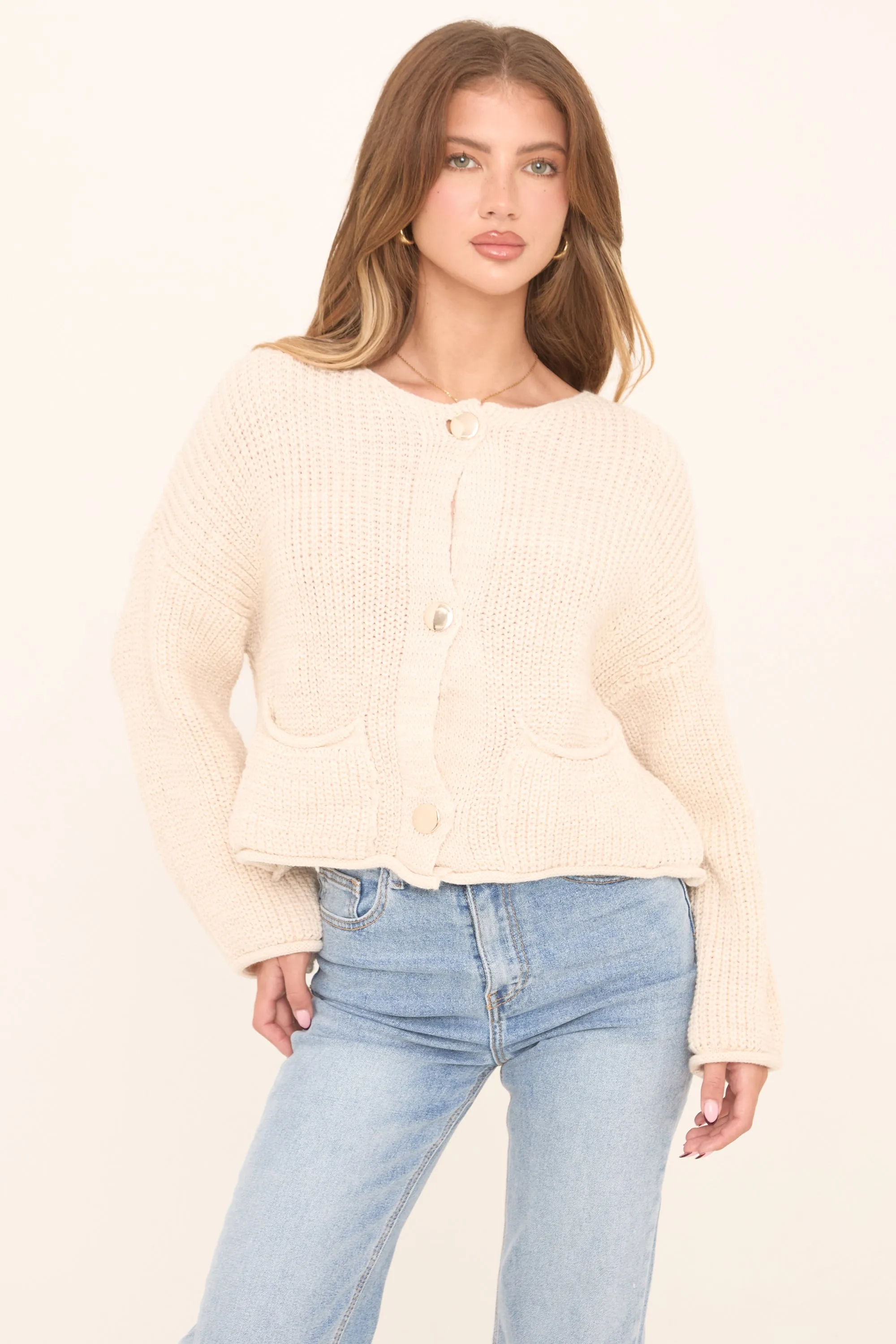 Beige Knit Round Neck Long Sleeves Cardigan - Edna