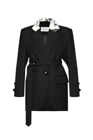 BLACK BELTED BLAZER WITH FAUX FUR COLLAR