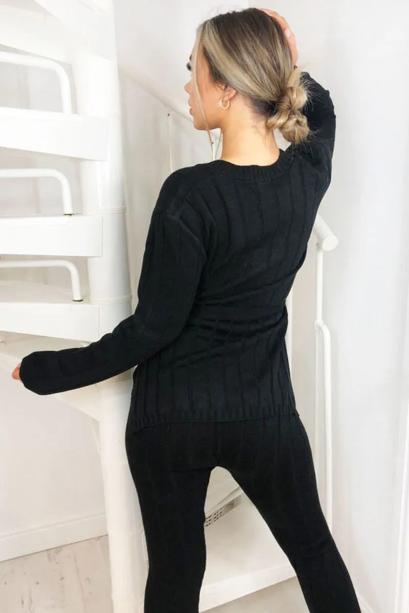 Black Chunky Knit Tie Waist Lounge Suit