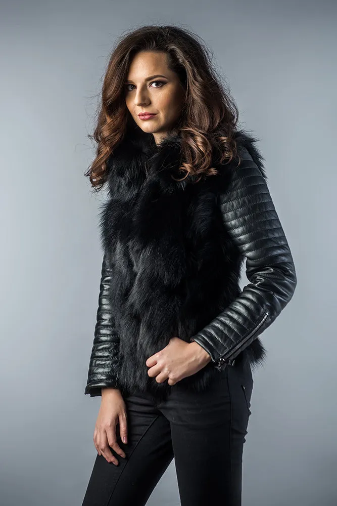 Black Genuine Arctic Fox Fur Lamb Nappa Leather Jacket