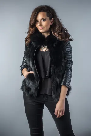 Black Genuine Arctic Fox Fur Lamb Nappa Leather Jacket