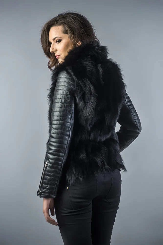 Black Genuine Arctic Fox Fur Lamb Nappa Leather Jacket