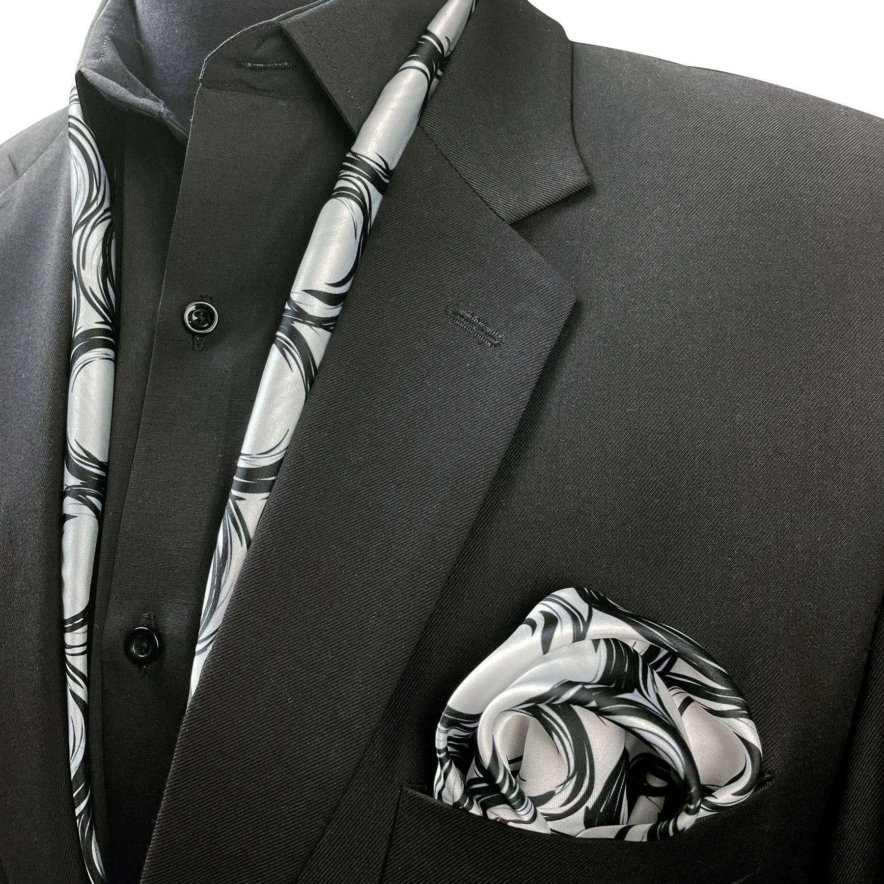 BLACK SPIRAL SILK SCARF & POCKET SQUARE SET