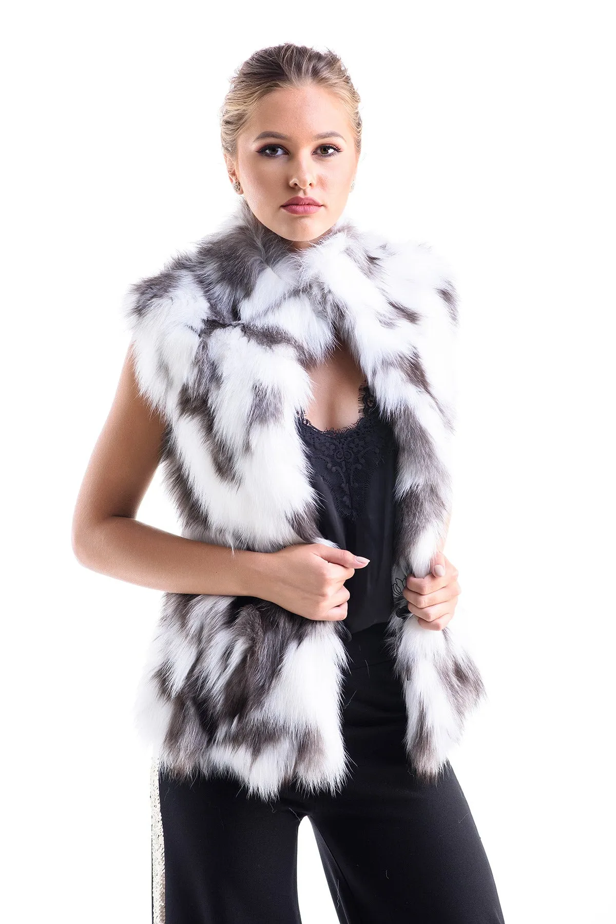 Black White Genuine Arctic Polar Fox Fur Vest