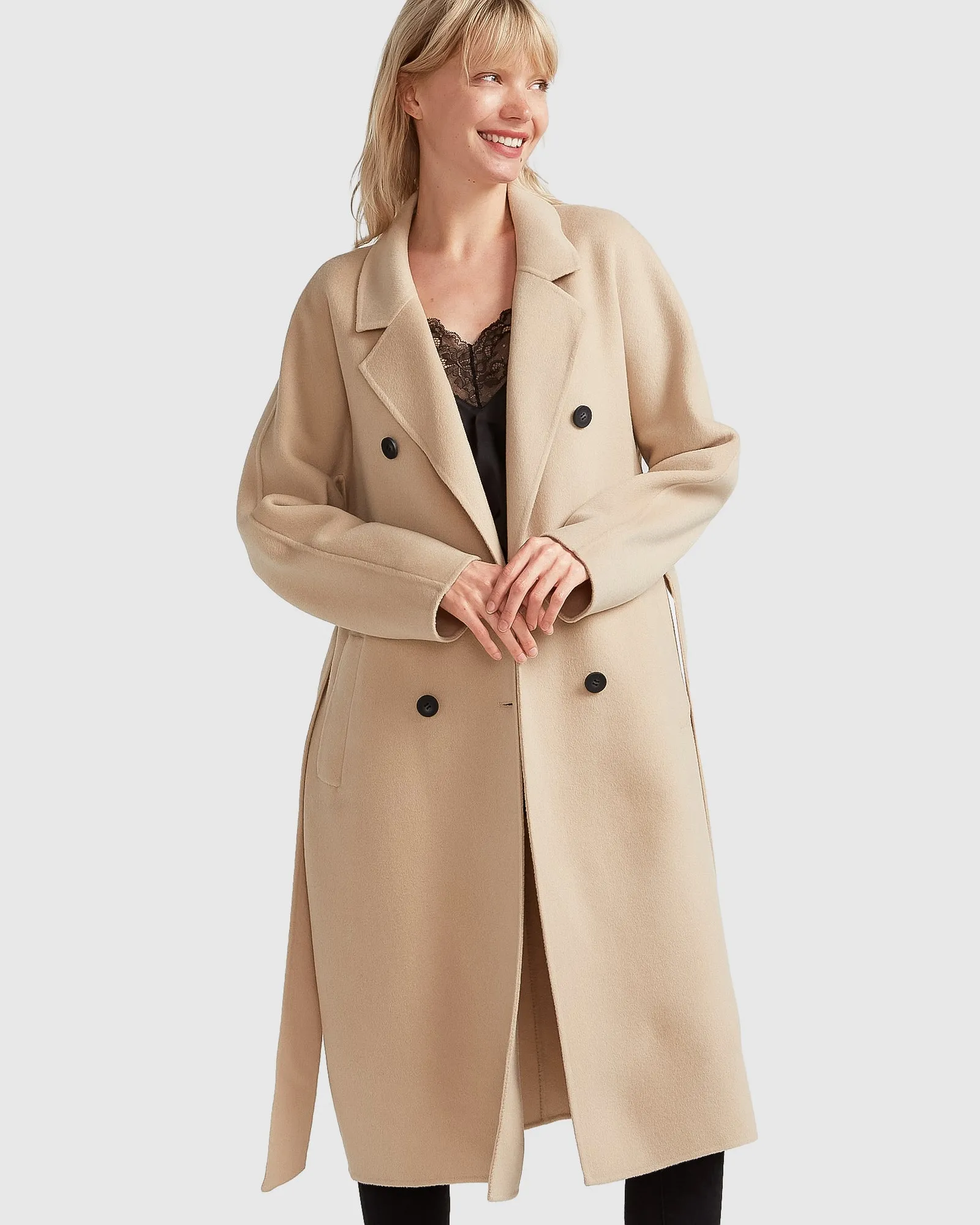 Boss Girl Double-Breasted Lined Wool Coat - Pale Oat