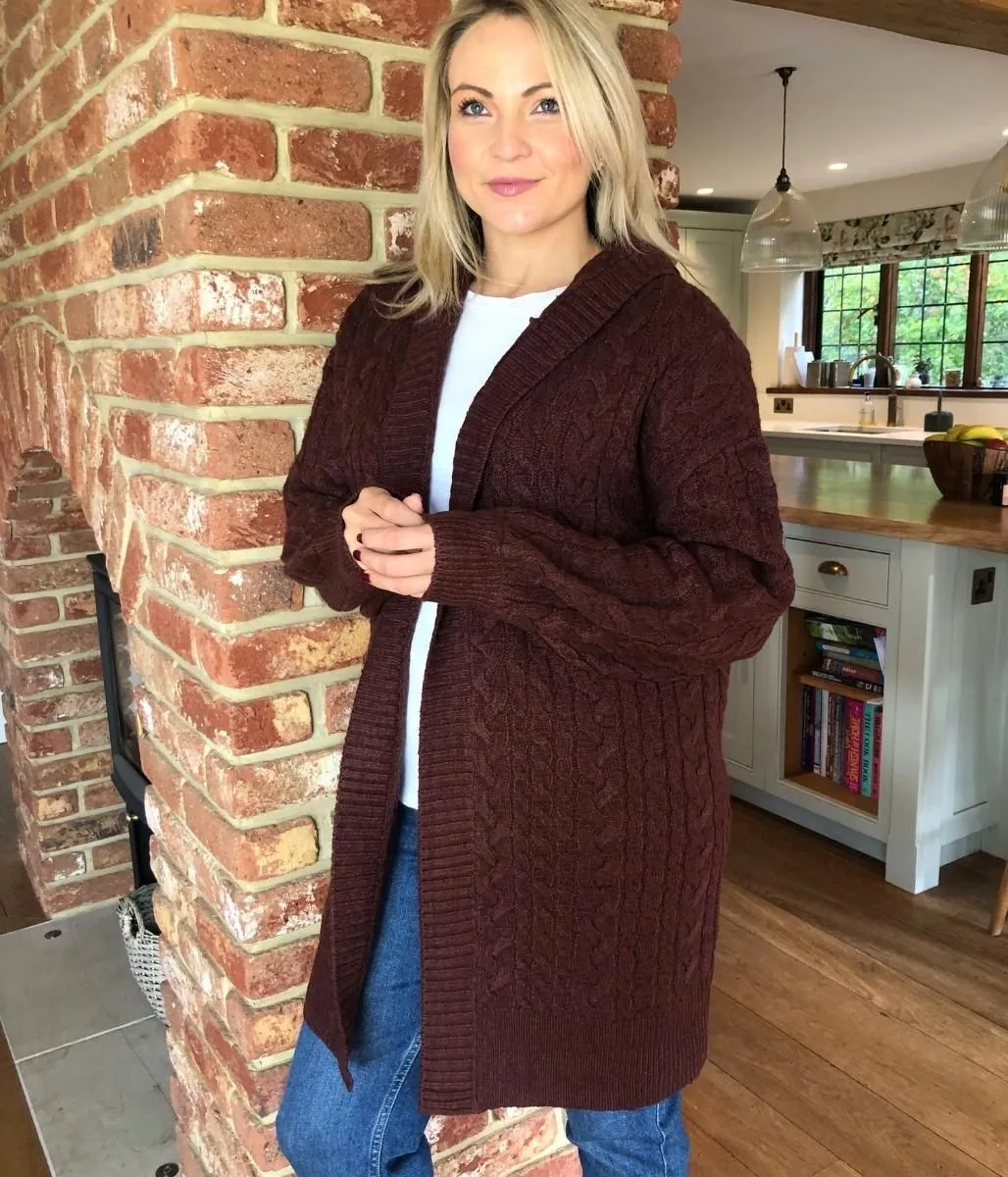 Brown Chunky Cable Knit Hooded Cardigan