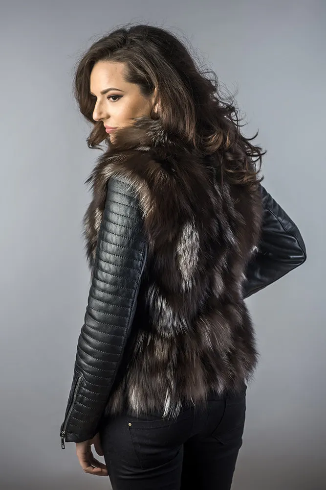 Brown Silver Genuine Arctic Fox Fur Lamb Nappa Leather Jacket