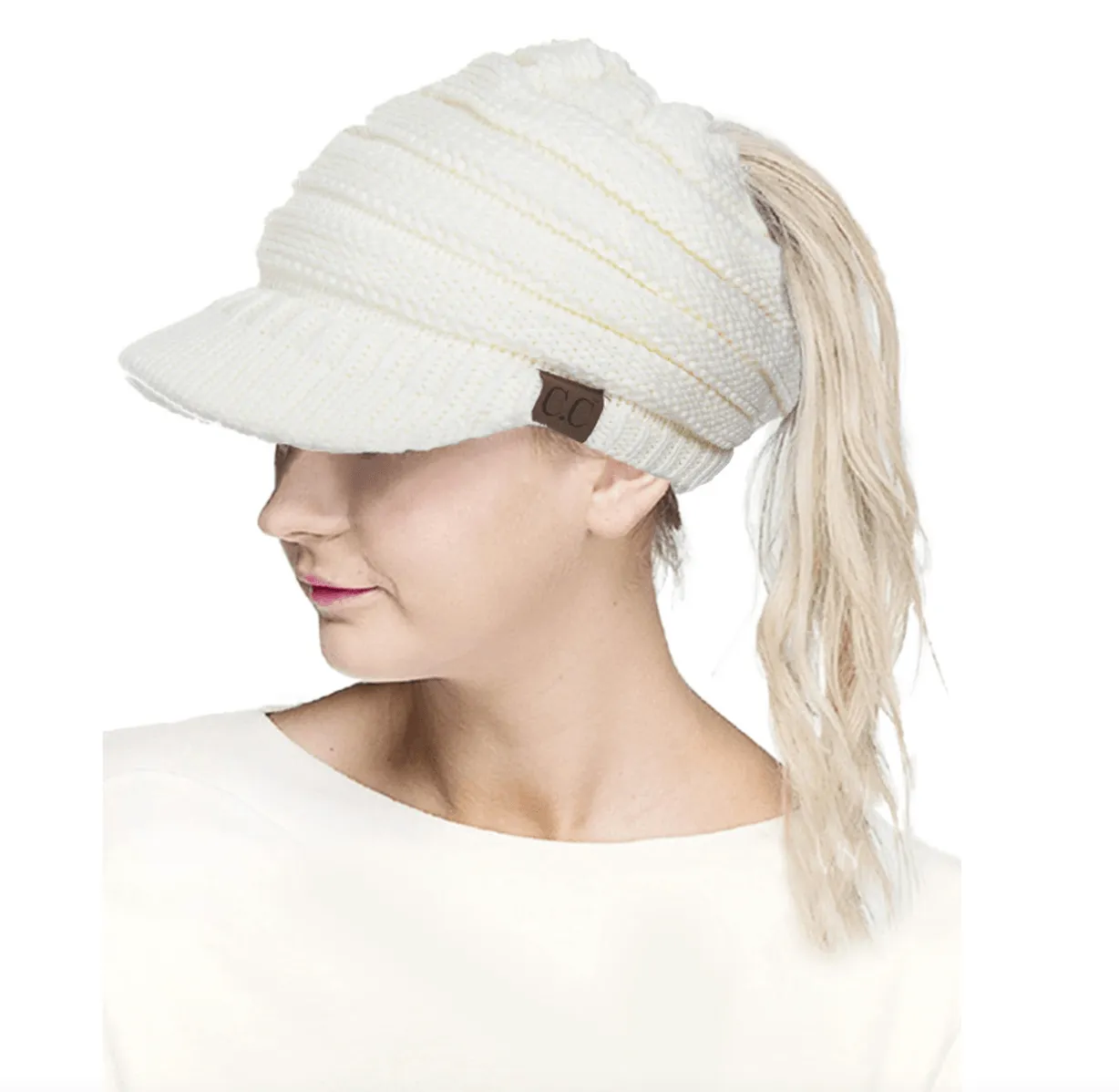 C.C KNIT BRIM MESSY BUN PONYTAIL VISOR BEANIE HAT-MB-131