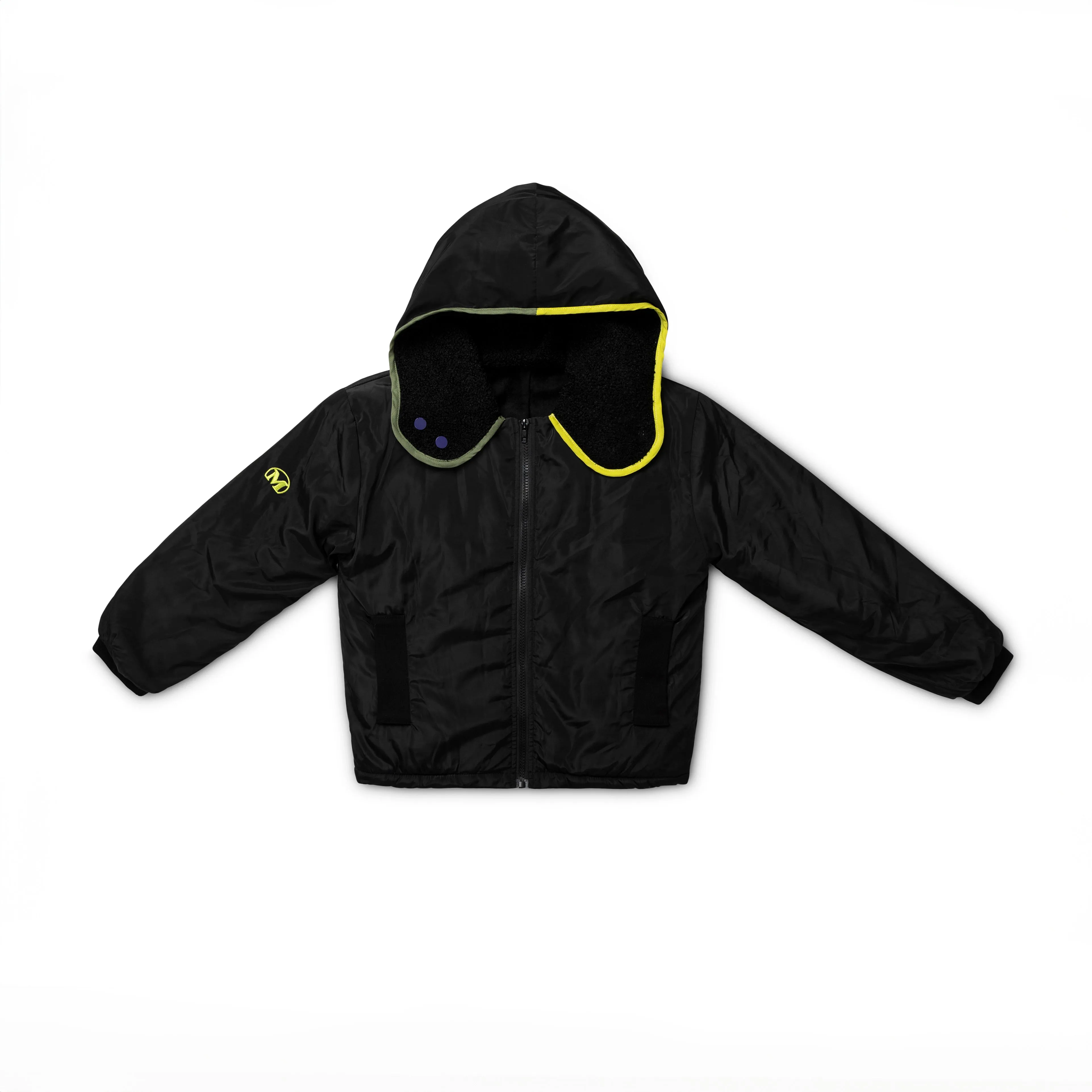 coat contrast color trim with hood - black