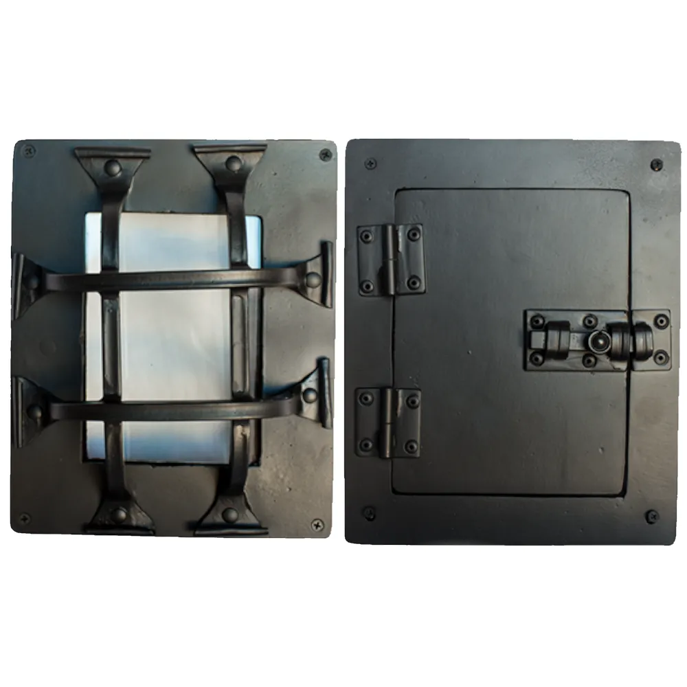 Curled Tip Speakeasy Grille Door Kit - Hinged Door Viewer with Insulated Glass - 10-3/4" x 8-3/4" - 4 Bars - Multiple Finishes Available - Sold as Set