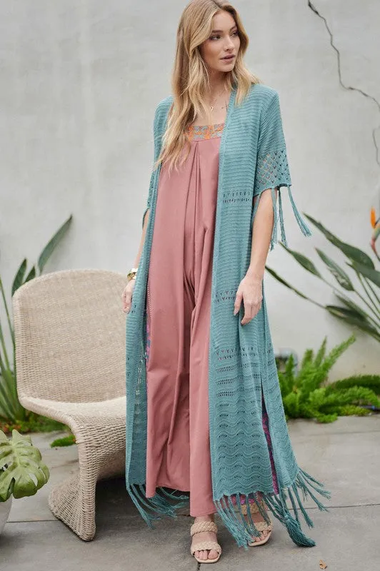 Davi & Dani Solid Long Cardigan With Fringe