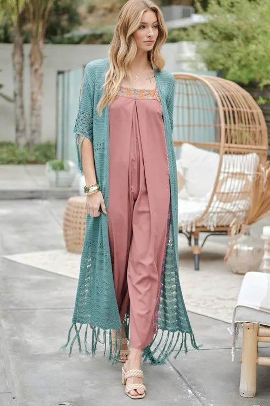 Davi & Dani Solid Long Cardigan With Fringe