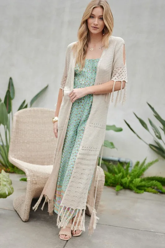 Davi & Dani Solid Long Cardigan With Fringe