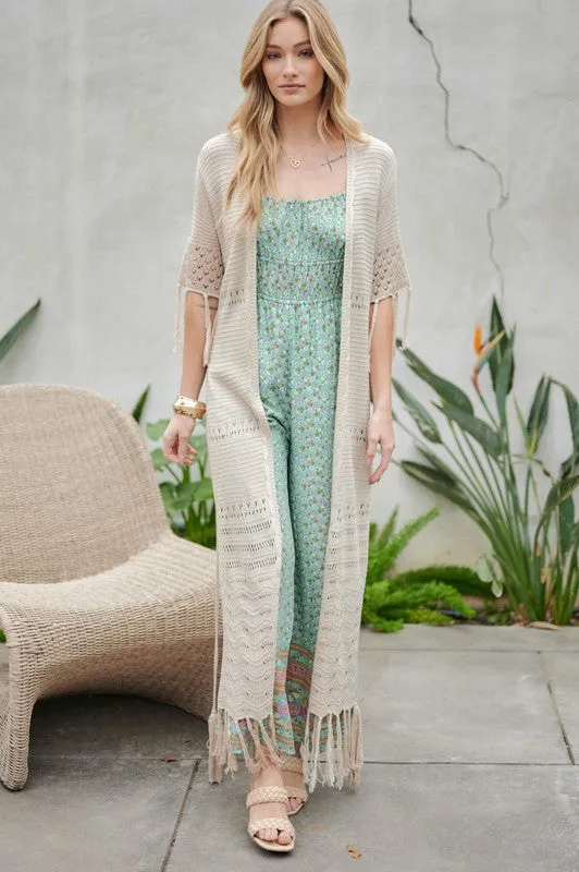 Davi & Dani Solid Long Cardigan With Fringe