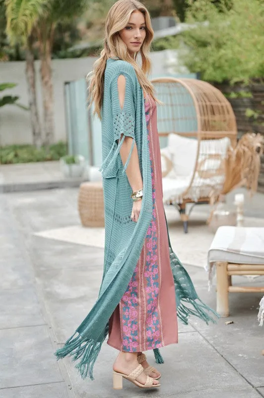 Davi & Dani Solid Long Cardigan With Fringe