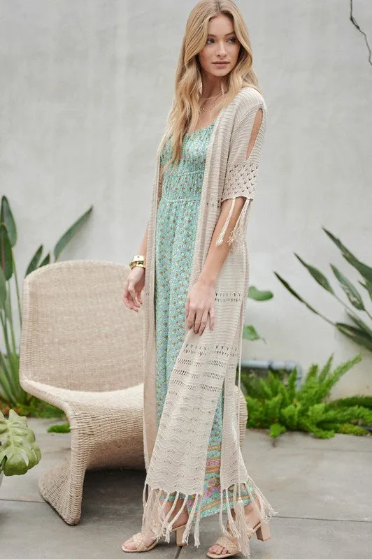 Davi & Dani Solid Long Cardigan With Fringe